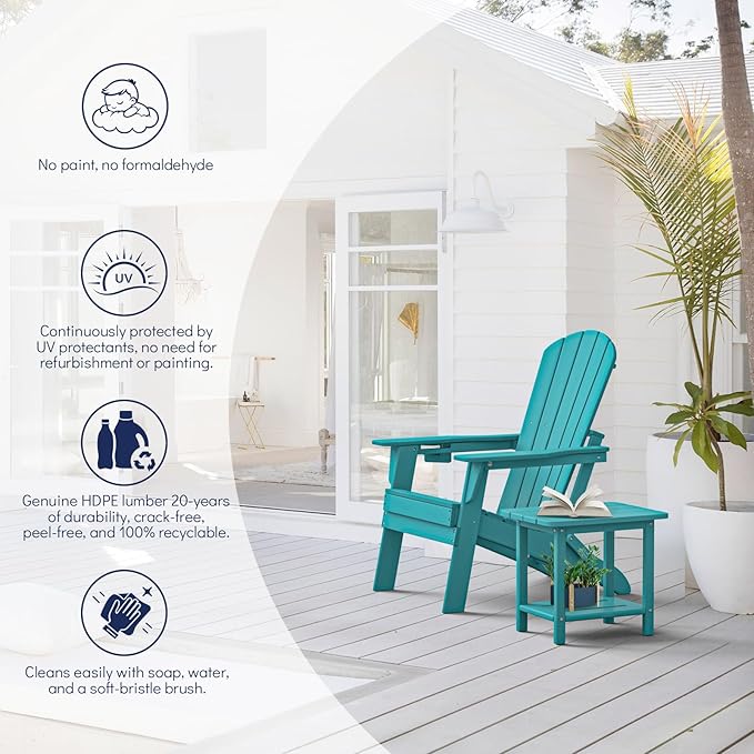 Plawdlik Folding Adirondack Chair, SGS Tested, Wooden Textured with Cup Holder, Heavy All-Weather HDPE Comfortable Set Poolside Backyard Lawn Aruba Blue Set 4