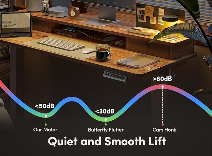 FEZIBO 55 x 24 Inch Height Adjustable Electric Standing Desk with Double Drawer, Computer Desk, Home Office Stand Up Table with 4 Height-Adjustable Feets & 2 Hooks, Light Rustic