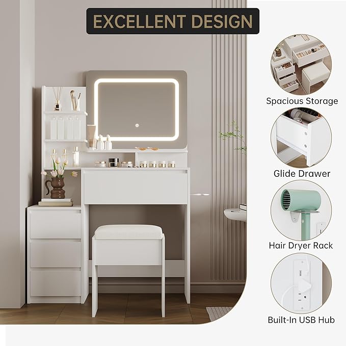 GAOMON Makeup Vanity Desk with Mirror and Lights - 36" Vanity Table Set with 4 Drawers, Power Outlet, USB Ports, Stool, Dressing Table with 3 Lighting Color Adjustable for Bedroom, Women, White