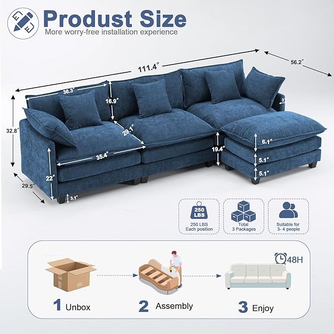 111.4" Cloud L Shaped Sectional Couch with Ottoman｜Modular Chenille Sofa with 29.1" Deep Seat｜FSC Solid Wood Frame｜Easy Assembly & 1YR Guarantee｜for Living Room Bedroom Apartment