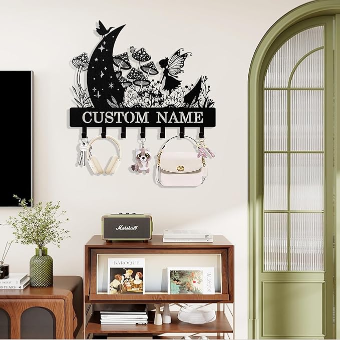 Personalized Fairy Key Holder Wall Mount, Custom Metal Keys Hanger for Wall with Name, Custom Key Rack Holder with Hooks for Home, Entryway, Front Door, Living Room, Kitchen, Bathroom