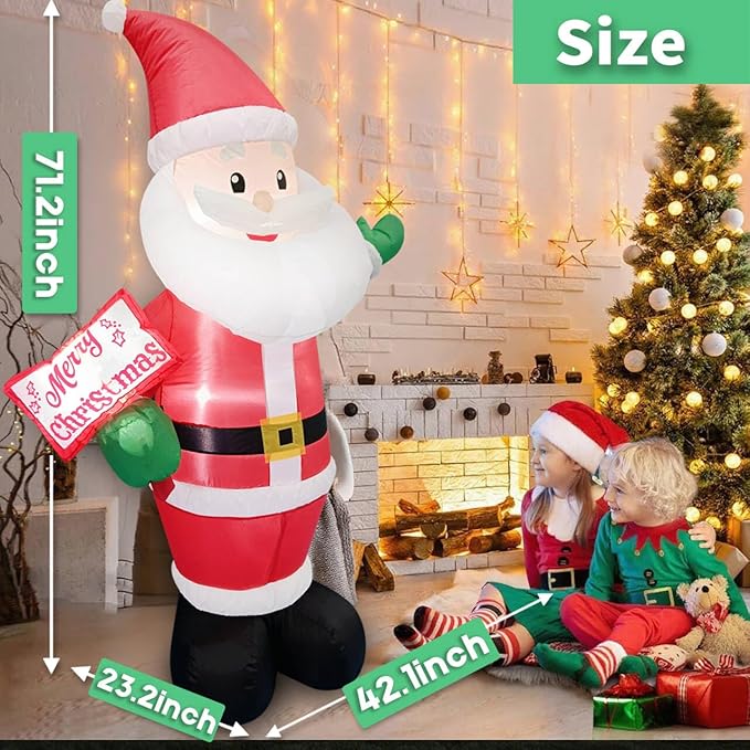 6FT Christmas Inflatable Blow up Lighted Yard Decoration Suitable for Christmas Indoor Outdoor Xmas Yard Party Holiday Garden Decor (Sign-Holding Santa Inflatable)