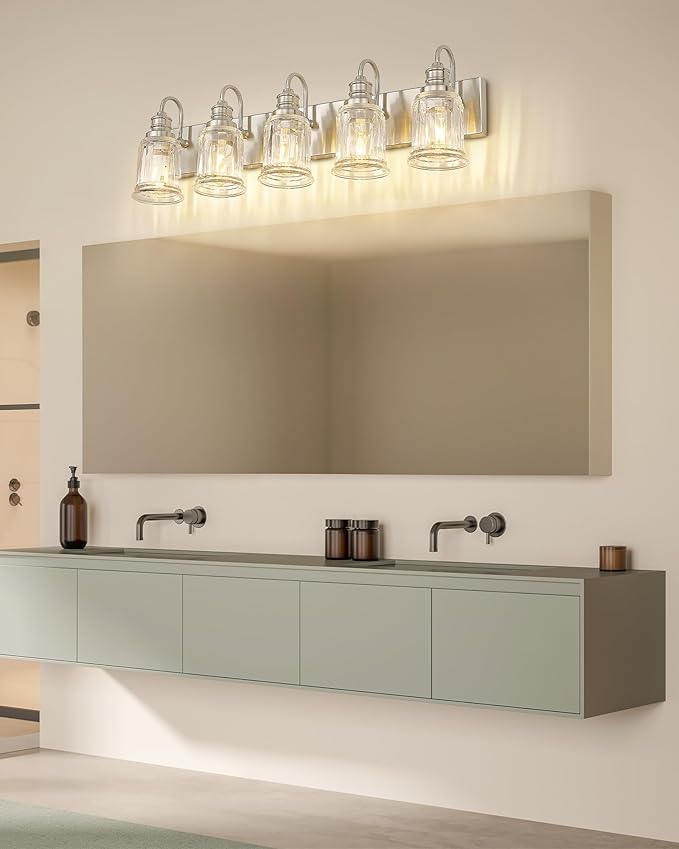 Bathroom Light Fixtures, HWH 5-Light Vanity Light, Modern Brushed Nickel Wall Lighting Over Mirror, Bell-Shaped Striped Glass, 5HZG106B-5W BN