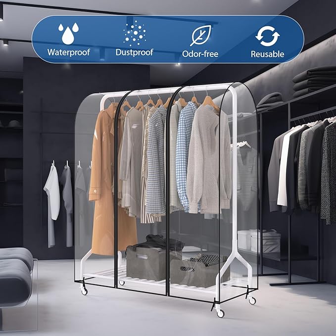 Zilink 50'' Clear Garment Rack Cover Dustproof Clothes Rack Cover Clear Garment Bags Waterproof Wardrobe Cover with 2 Durable Zippers for Garment Rack