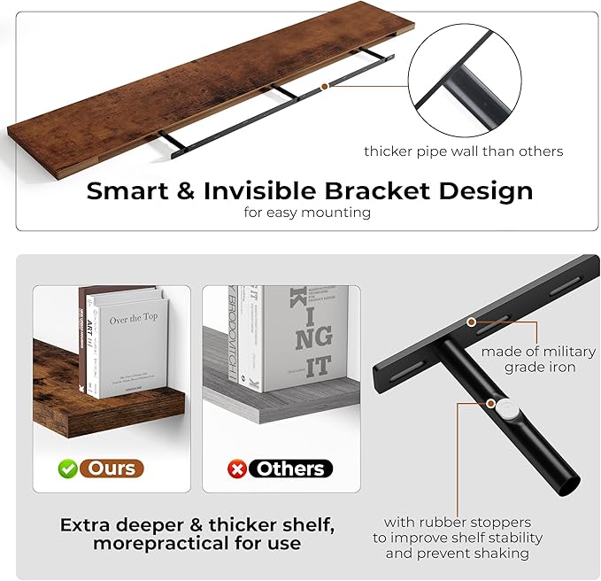 Fun Memories 72 Inch Floating Shelves for Wall, Fireplace Mantel Shelf with Invisible Heavy Duty Bracket, 8 Inch Deep Storage Shelf for Living Room, Kitchen, Farmhouse, Brown