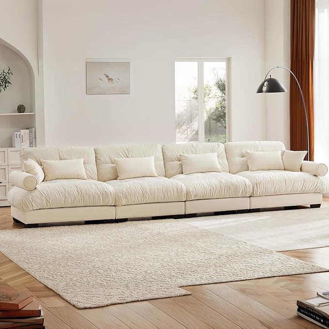 166" Oversized Couch, 4 Seater Modular Sectional Sofa, Beige White Large Sectional Couches for Living Room, Fluffy Couch Set, 4 Seater Velvet Cloud Couches with 6 Pillows, Deep Seat for Living Room