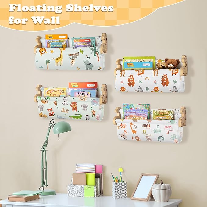 Floating Book Shelves for Wall Set of 4 Wood Nursery Bookshelves for Kids Room 16.9 Inch Kids Bookshelf for Books Toys and Decor,Wall Mounted Storage for Baby Boys Girls Bedroom Living Room