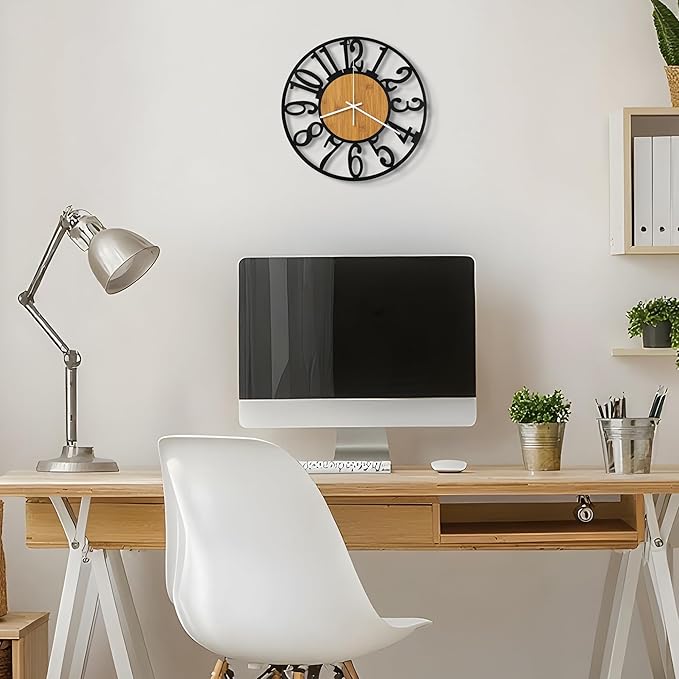 Maxstar Wall Clock Battery Operated,Silent Non-Ticking Modern Rustic Metal Round Clocks Small for Living Room/Bedroom/Office/Kitchen/Farmhouse Home Decor-10 Inch(Yellow-Wood)