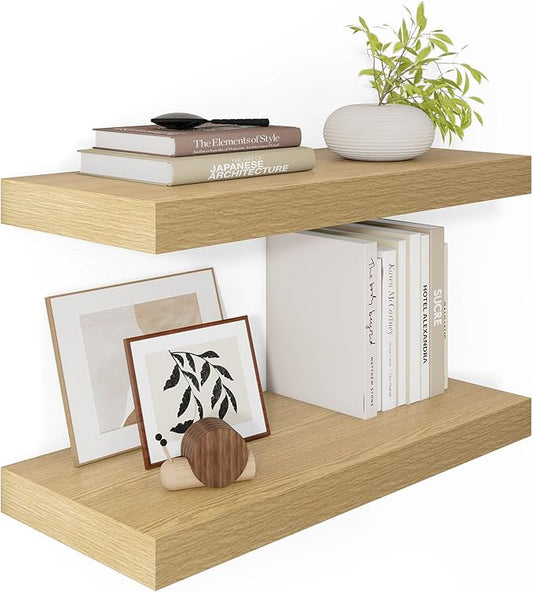 Vivelove 12 Inch Deep Floating Shelves 24 inch Long, 24 x 12 Wide Wall Shelves with Invisible Brackets, Shelf for Bedroom Bathroom Living Room Kitchen Office Home Decor, Modern Shelf Set of 2, Oak