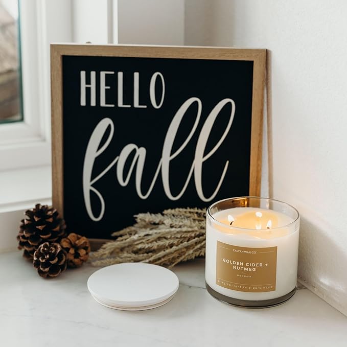 Calyan Wax Co. Golden Cider & Nutmeg 3 Wick Scented Candle - 43 Hour Burn - Luxury 3 Wick Soy Candles - Non Toxic Soy Wax Candles - Long Lasting Large Glass Jar Candle for Home - 14.9oz