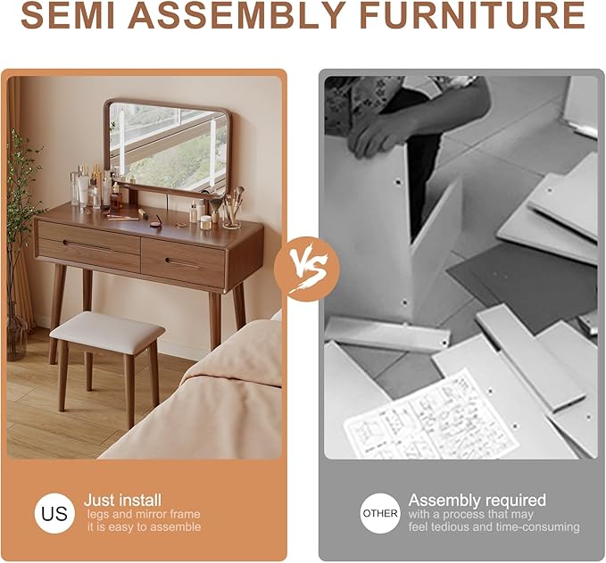 Solid Wood Vanity Desk with Mirror and Lights,Adjustable Height and Brightness, Makeup Vanity with 3 Drawers,Semi-Assembled,Dressing Table for Bedroom (Walnut)