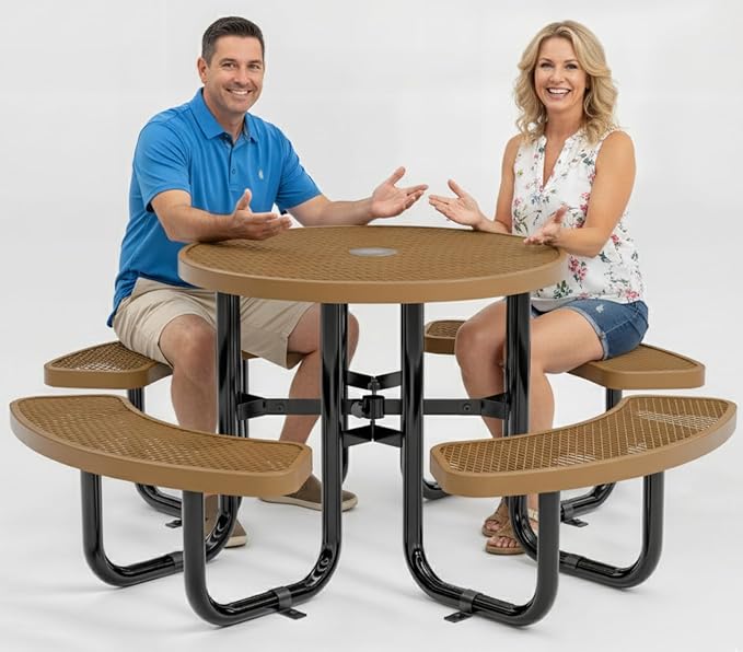 Metal Picnic Tables for Outdoors with Umbrella Hole - Coated Steel Heavy Duty Commercial Grade Furniture Set with Adjustable Seats (Brown, 38 in, Round, Expanded Steel)