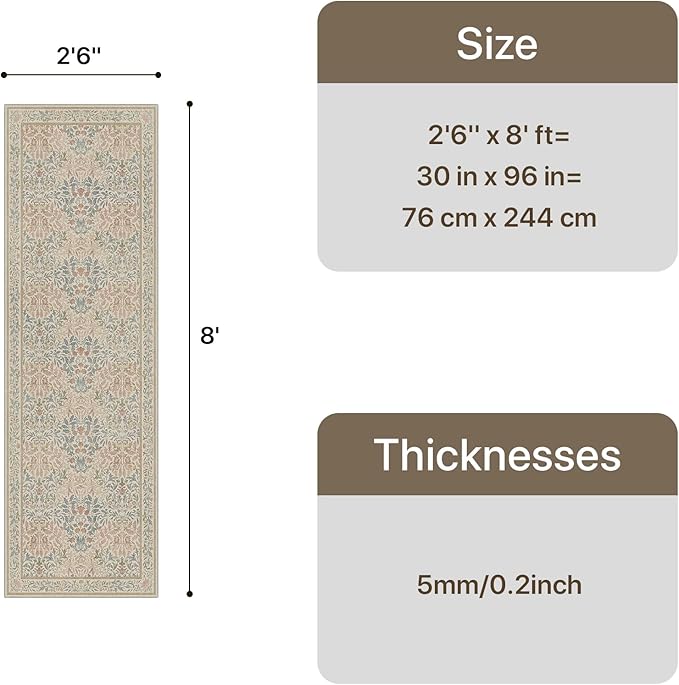 GENIMO Floral Washable Runner Rug 2’6”x8’, Non-Slip Long Hallway Carpet for Entryway, Kitchen, Indoor Floor Use, Vintage Boho Soft Thin Rug Décor, Beige Pink