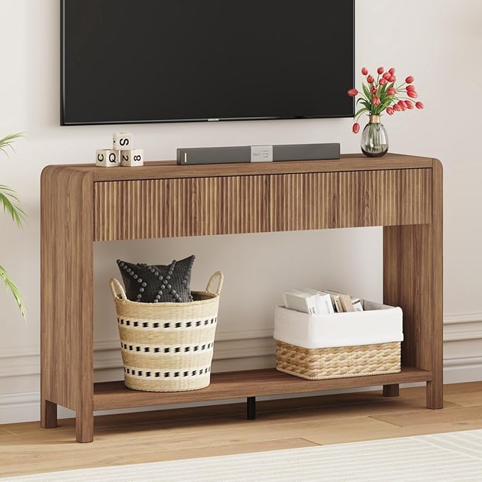 FATORRI Console Sofa Table for Entryway, Wood Foyer Tables for Living Room, Farmhouse Couch Table behinde Sofa with 2 Drawers for Hallway Storage (47.2 inch, Walnut)