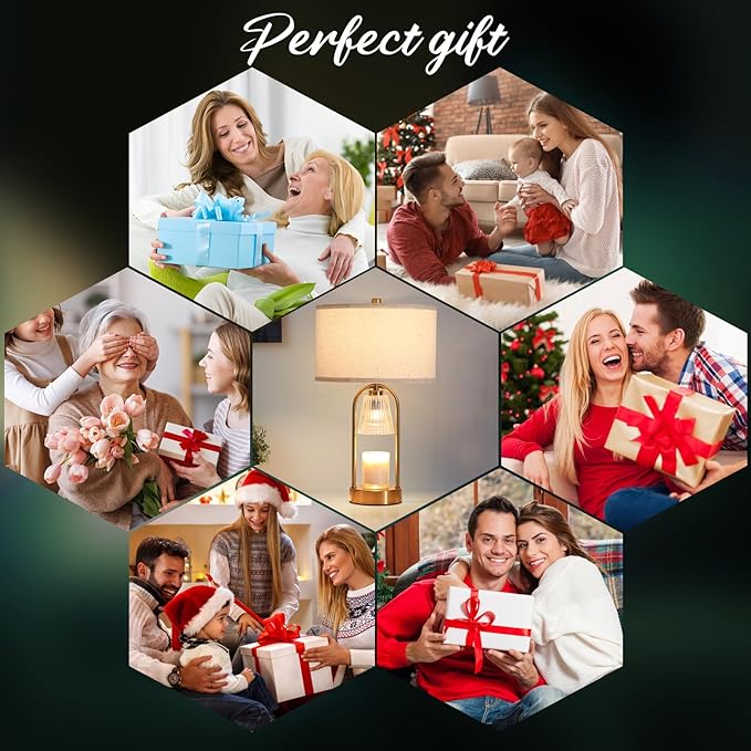 Plug in Gold Candle Warmer Lamp with Timer Dimmable, Wax Melts Candle Warmer with Beige Fabric Shade Lamp, Gold Table Lamp for Bedroom,Mothers, Gifts,Scented Jar, Include 3 Bulb