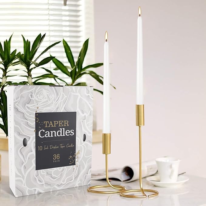 36 Pack White Taper Candles, 7-8 Hours Burn Time, Unscented, Smokeless and Dripless, 0.8 x 10 Inch Dinner Candle Set for Household, Wedding, Party and Home Décor Candlesticks