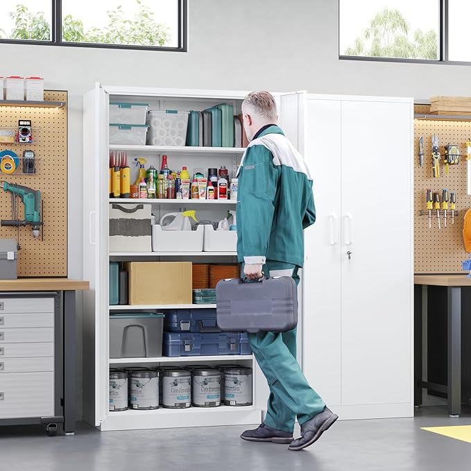 Letaya Metal Storage Cabinets with Lock Door,Steel Locker Garage Cabinets 5 Adjustable Shelves for Home,Office, Warehouse(White)