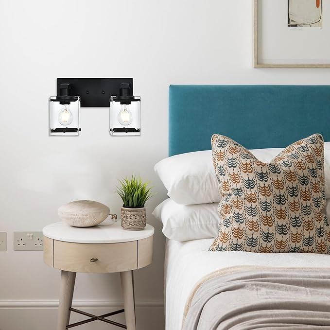 Black 2-Light Wall Sconce Bathroom Light Fixture, Rectangular Clear Glass Vanity Lighting Over Mirror, E26 Bulb Base
