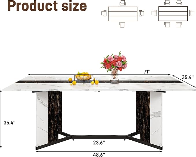71 inch Dining Table for 4 5 6 | Modern White&Black Rectangular Kitchen Table W/Waterproof Wood Tabletop,Farmhouse Long Dining Room Tables W/Adjustable Legs&Wood Strip Base for Kitchen Living Room