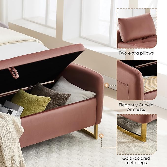 65" Storage Ottoman Bench, End of Bed Storage Bench King Size with Tufted Button Upholstered and Gold Legs, Bedroom Benches with Armrests for Living Room Window and Entryway, Rose Gold