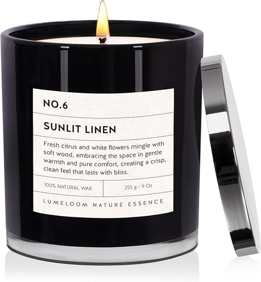 Sunlit Linen Luxury Scented Candles, 9oz Soy Wax Candles for Home Scented, Linen, Jasmine, White Lemon, Wood Scent, Long Burning Time, Christmas Gifts for Women, Friends, Men, Housewarming