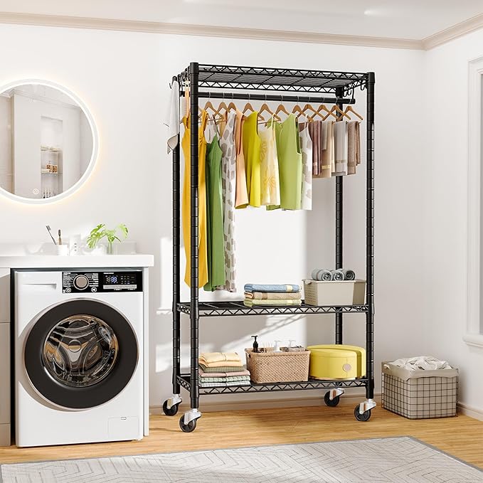 FUTASSI P3 Rolling Clothes Rack, Clothing Racks for Hanging Clothes, Heavy Duty Garment Rack with Wheels, Freestanding Portable Closet Organizer 39.4''W x 14''D x 78.5''H, Max Load 464 LBS, Black