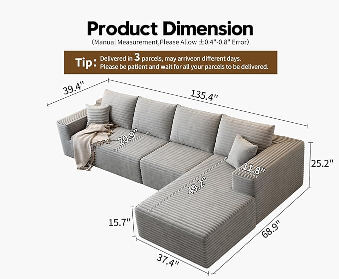 135.4" Cloud Modular Sectional Sofa Couch with L-Shape Chaise,Modern Minimalist Upholstered Couches for Living Room Bedroom,Deep Seat Corner Couch，No Assembly Required (Grey,Right Facing Chaise)