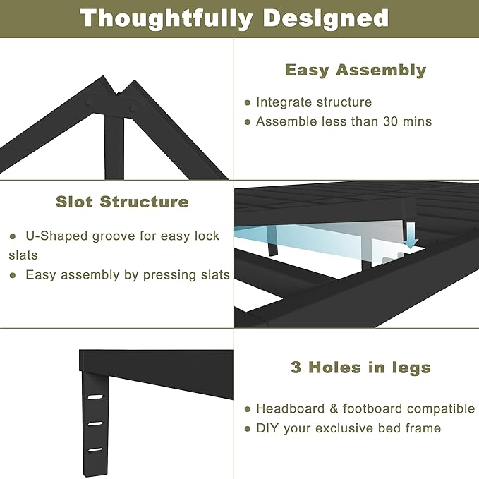 ITIMIDI Full Size Bed Frame 16 Inch High, Safety Design with Rounded Corner Legs and DIY Headboard, Heavy Duty Steel Slat Support, Metal Full Size Platform Bed Frame, No Box Spring Needed, Black