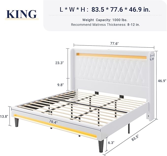 Allewie Upholstered King Size Platform Bed Frame with LED Light and Charging Station, Button Tufted High Headboard, Wingback Design, Noise Free, Easy Assembly, No Box Spring Needed, White
