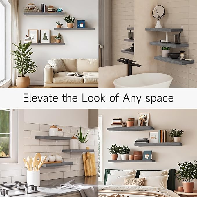 BAYKA Grey Floating Shelves for Wall, 22.5 inches Wall Mounted Rustic Wood Shelves for Bathroom, Bedroom, Living Room, Floating Shelves for Books/Storage/Decor (Set of 3)
