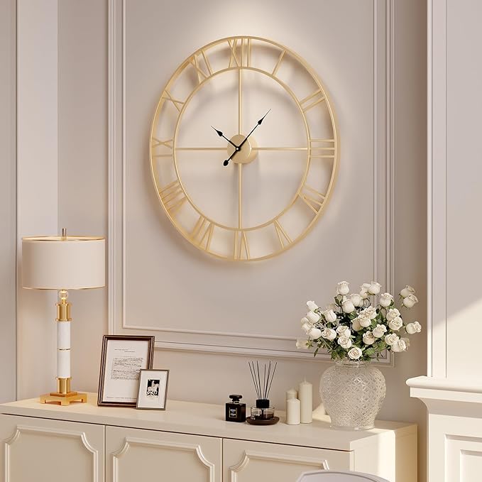 Cuspin Large Wall Clock 36 Inch Gold Wall Clock Battery-Operated, Modern Metal Roman Numeral Decorative Clock for Living Room Decor, Dinning Room, Office, Kitchen, Mantel, Home Decor