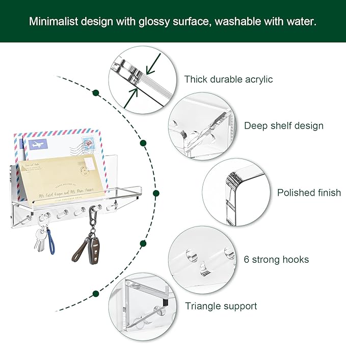 Decorative Wall Key Holder - Acrylic Mounted Key Hooks with Shelf, Entryway Rack, Mail Organizer, Living Room Decor (Clear)