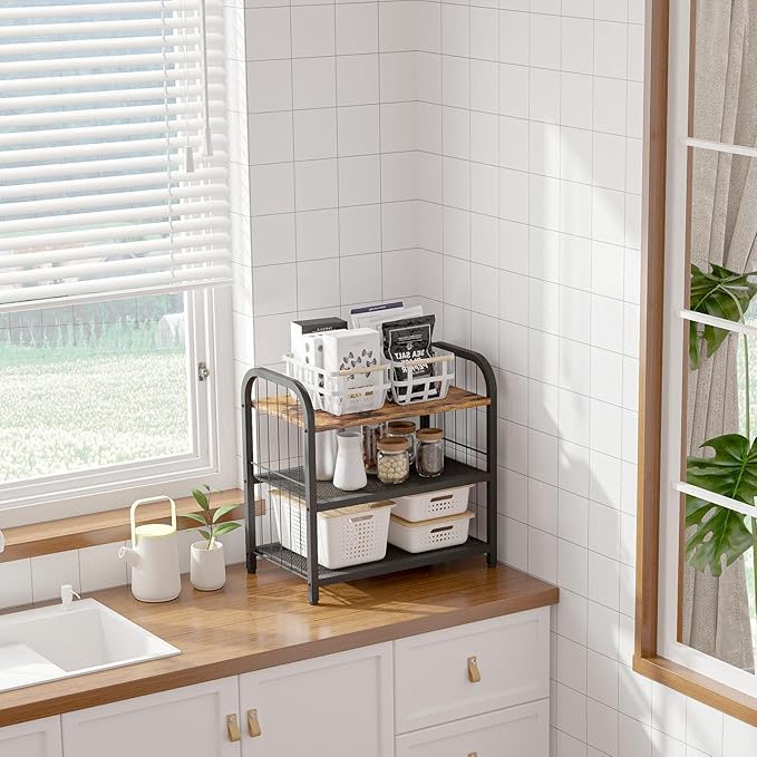 Shoe Rack, 3-Tier Shoe Organizer with Guardrails, Heavy-Duty Metal Mesh Shelves & Rustic Wooden Top for Stylish Closet & Front Door Storage