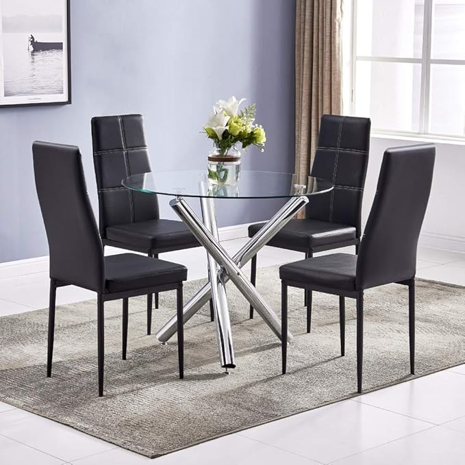 36" Round Dining Table for 4, Modern Clear Glass Kitchen Table for 4 with Silver Cross Metal Legs, Contemporary Small Circle Dining Room Leisure Tables for Kitchen Apartment