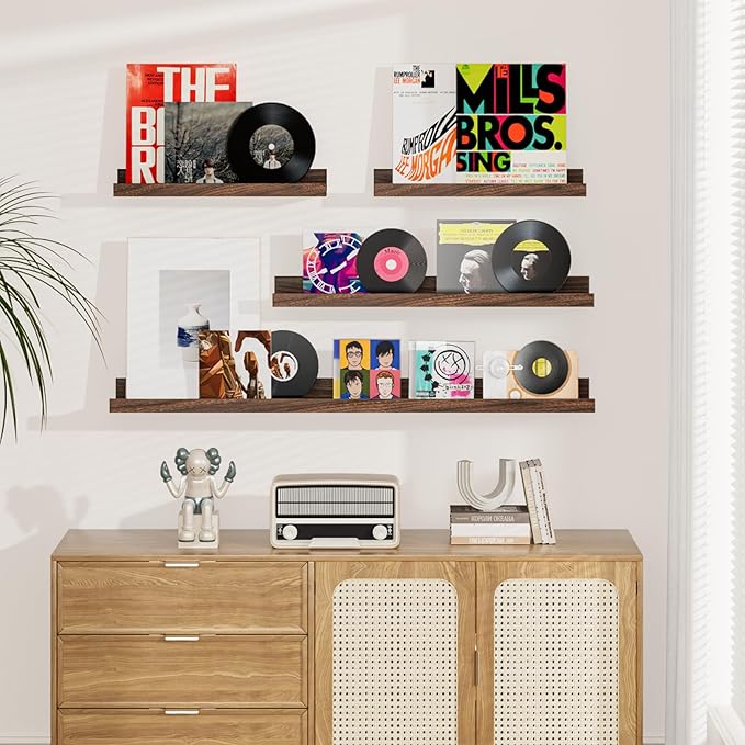 Heimlove Floating Shelves Set of 6, 24" Wall Mounted Picture Ledge, Display Shelf Organizer for Decor Storage, Wall Mounted Shelves for Living Room, Bedroom, Bathroom, Kitchen (Walnut)