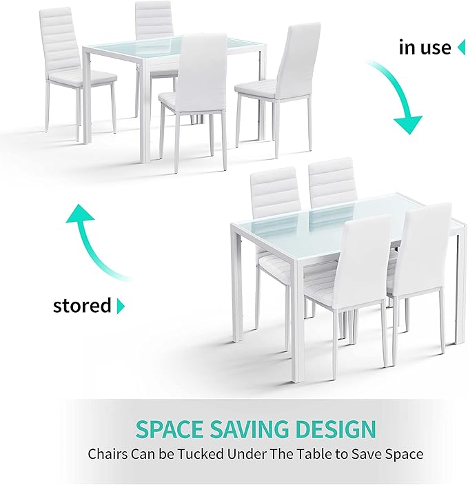 Gizoon 5 Piece Glass Dining Table Set, Kitchen and Chairs for 4, PU Leather Modern Room Sets for Home, Kitchen, Living Room