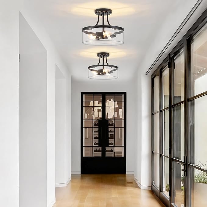 11.81" Black Semi Flush Mount Ceiling Light, Modern Glass Light Fixture, Industrial Hallway Light, 3-Light Close to Ceiling Light Fixtures for Entryway Bedroom Kitchen Laundry Dining Room, UL Listed