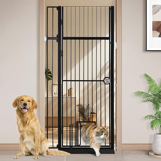 71" Extra Tall Pet Gate with Cat Door, 30"-39.69" Adjustable Wide, No Drill Pressure Mounted Auto-Close Safety Pet Gate Walk Through Safety Cat Gate