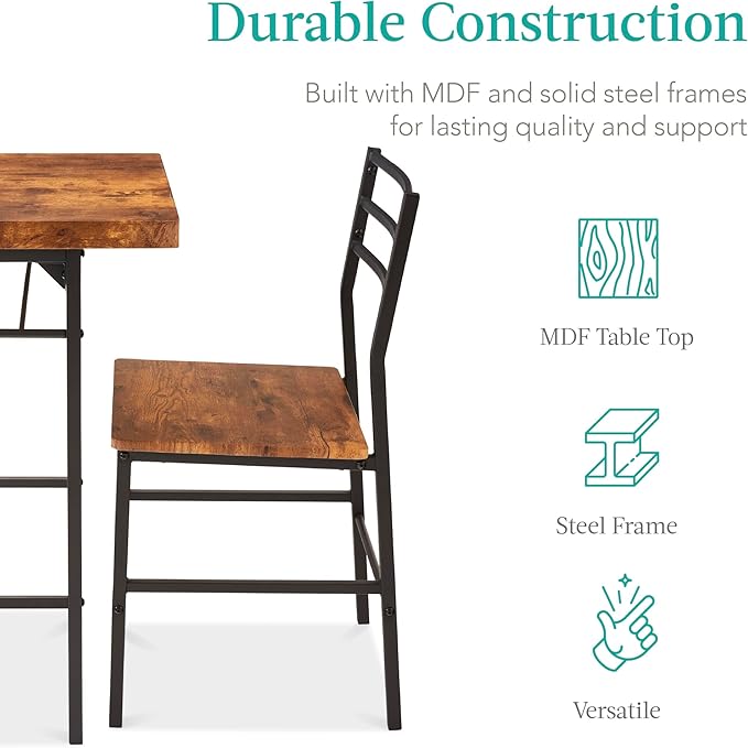 Best Choice Products 3-Piece Modern Dining Set, Space Saving Dinette for Kitchen, Dining Room, Small Space w/Steel Frame, Built-in Storage Rack - Medium Brown/Black