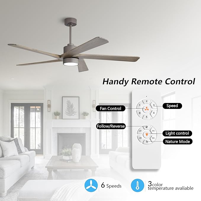 WINGBO 64 Inch DC Ceiling Fan with Lights and Remote Control, 5 Reversible Carved Wood Blades, 6-Speed Noiseless DC Motor, Modern Ceiling Fan in Graphite Finish with Gray Blades, ETL Listed