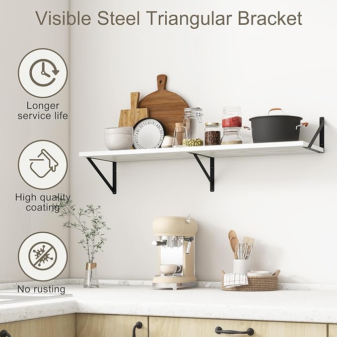 Fun Memories 40 Inch Floating Shelves, 12 Inch Deep Wall Shelf, 40 x 12 Floating Shelf Set of 2, White Wood Floating Shelf Wall Mounted, Large Kitchen Living Room Bedroom Storage Shelves