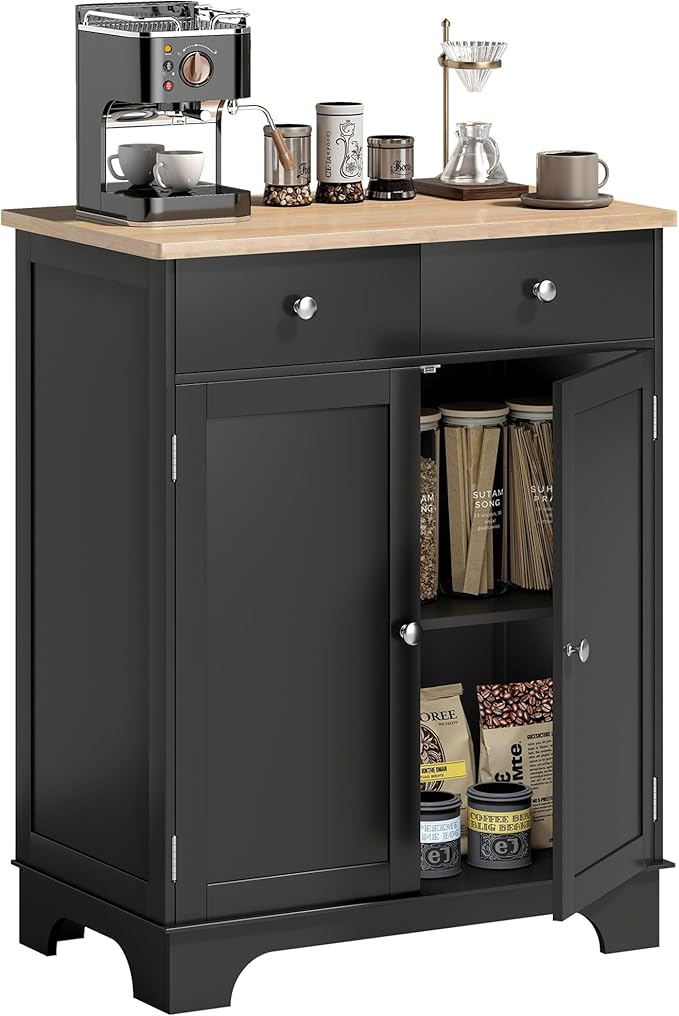 HOMCOM Sideboard Buffet Cabinet with Solid Wood Countertop, Modern Kitchen Storage Cabinet, Coffee Bar Cabinet with 2 Drawers, Doors and Adjustable Shelf, Black