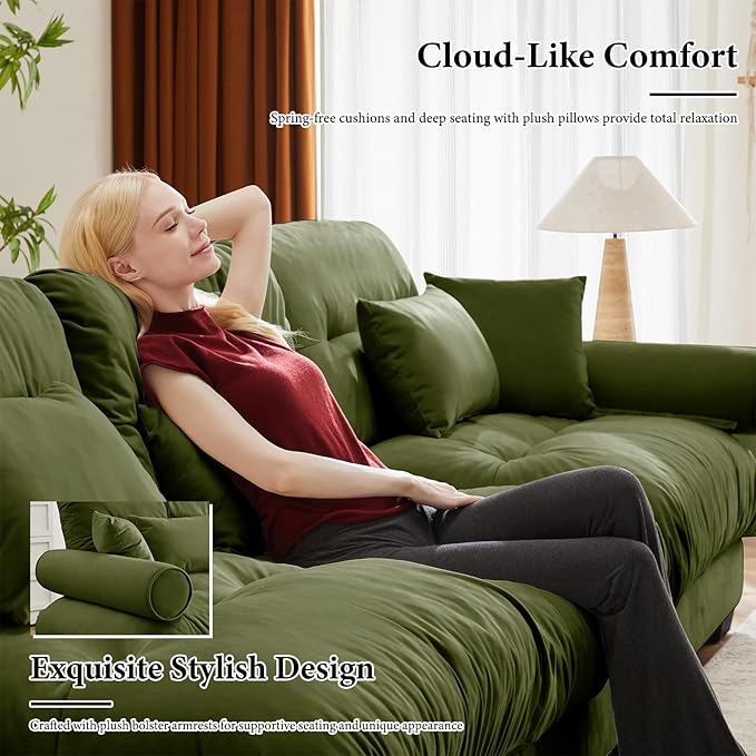 130"Oversized Couch, 3 Seater Modular Sectional Sofa, Olive Green Large U Shaped Sectional Couches for Living Room, Fluffy Couch Set, 3 Seater, Velvet Cloud Couches with Ottoman, Sofas for Living Room