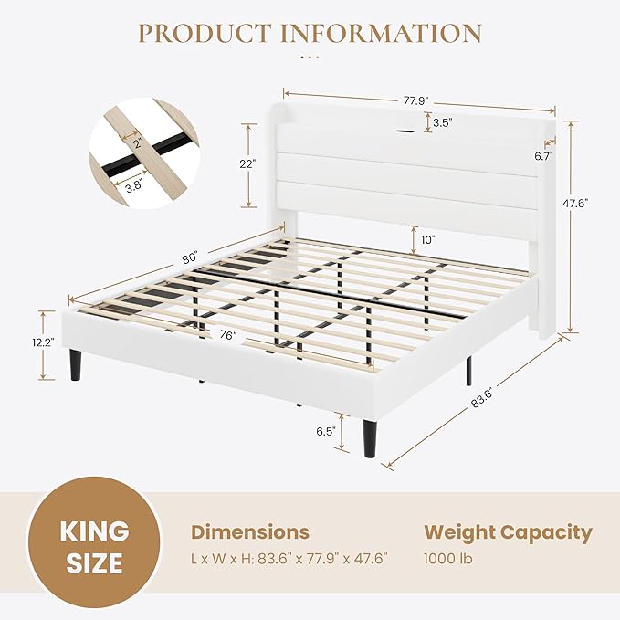 SHA CERLIN King Size Bed Frame with Charging Station, Velvet Upholstered Platform Bed, Wingback Storage Headboard, Type-C & USB Ports, Strong Wooden Slats, No Box Spring Needed, Easy Assembly, White