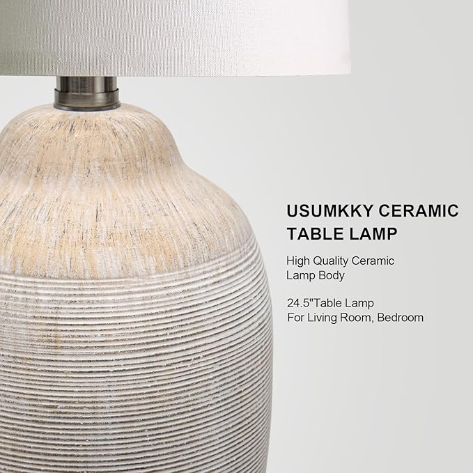 24 inch Vintage Ceramic Table Lamp - Single Farmhouse Rustic Bedside Lamp with Natural Textured Finish, Nightstand Lamps for Living Room, Bedroom, End Table