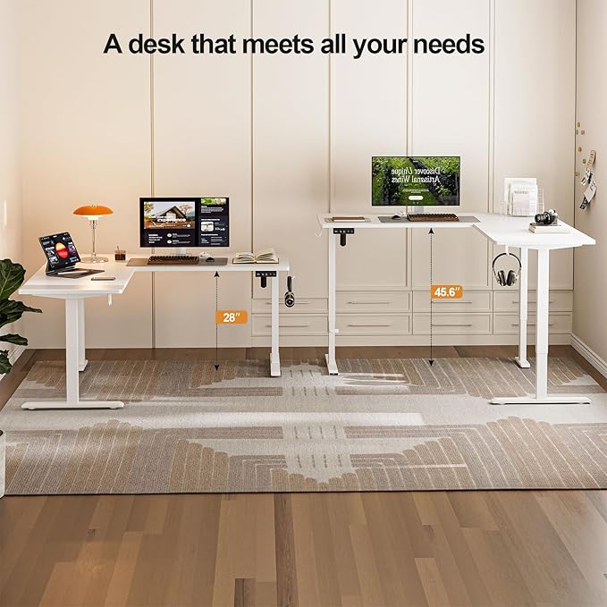 Grandder L Shaped Standing Desk Adjustable Height, Electric Standing Corner Desk, 160 x 140 cm Sit Stand Computer Table with Splice Board, White
