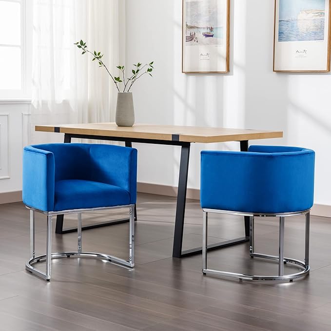 Velvet Dining Chairs Set of 3 Modern Barrel Arm Chairs with Chrome Metal Frame, Upholstered Kitchen Chairs 18.5" Wide Accent Chairs for Living Room Dining Room Restaurant, Blue