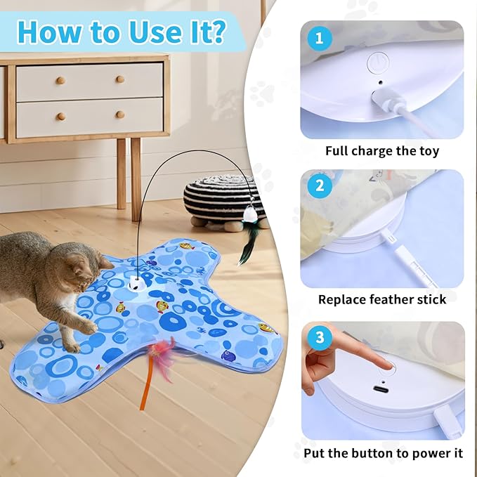 DFQ Cat Toys,3 in 1 USB Rechargeable Automatic Kitten Toy,Flying Bird Kitten Wand,Hide and Seek Exercise Kicker for All Breeds Indoor Adult Cats(Blue Fish with Pole)
