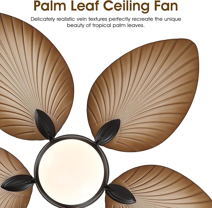 Ceiling Fans with Lights and Remote/APP Control, 52 Inch Tropical Palm Leaf Ceiling Fan with LED Lights, Outdoor Ceiling Fans for Patios Porch, Reversible Quiet Motor, Dimmable, Wood Grain