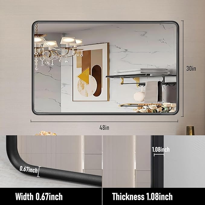 Black Framed Mirrors for Bathroom,48 x 30 Inch Rounded Conner Rectangle Mirror for Wall, Matte Black Vanity Mirror with Tempered Glass,Anti-Rust,Hangs Horizontally or Vertically